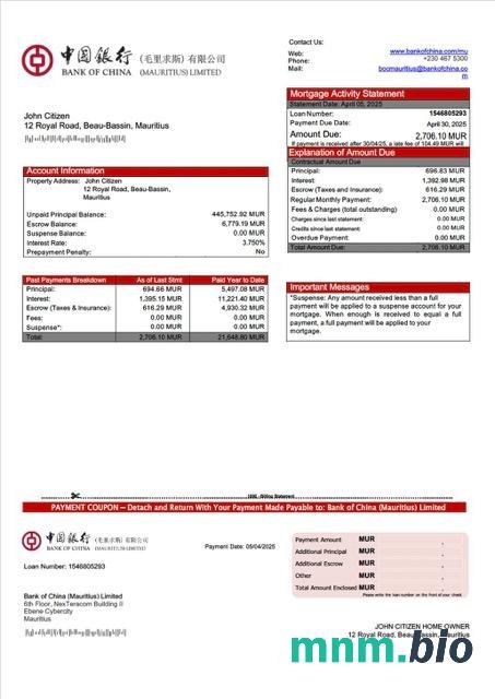 Mauritius Bank of China (Mauritius) Limited wyciąg z kredytu hipotecznego szablon Word i PDF